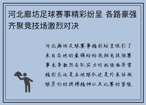 河北廊坊足球赛事精彩纷呈 各路豪强齐聚竞技场激烈对决