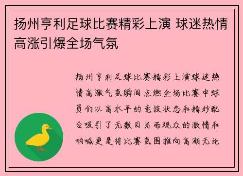 扬州亨利足球比赛精彩上演 球迷热情高涨引爆全场气氛