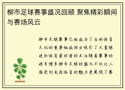 柳市足球赛事盛况回顾 聚焦精彩瞬间与赛场风云