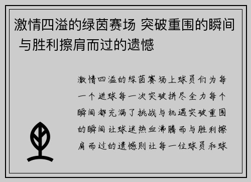 激情四溢的绿茵赛场 突破重围的瞬间 与胜利擦肩而过的遗憾