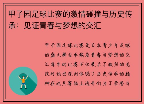 甲子园足球比赛的激情碰撞与历史传承：见证青春与梦想的交汇