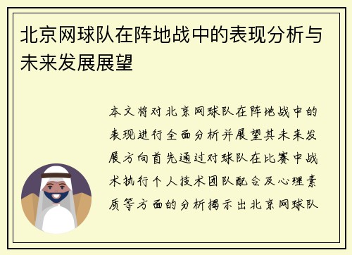 北京网球队在阵地战中的表现分析与未来发展展望