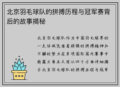 北京羽毛球队的拼搏历程与冠军赛背后的故事揭秘