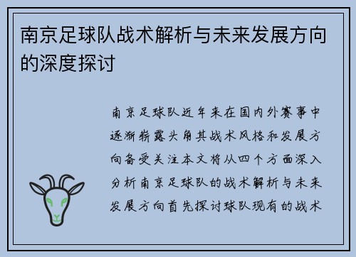 南京足球队战术解析与未来发展方向的深度探讨